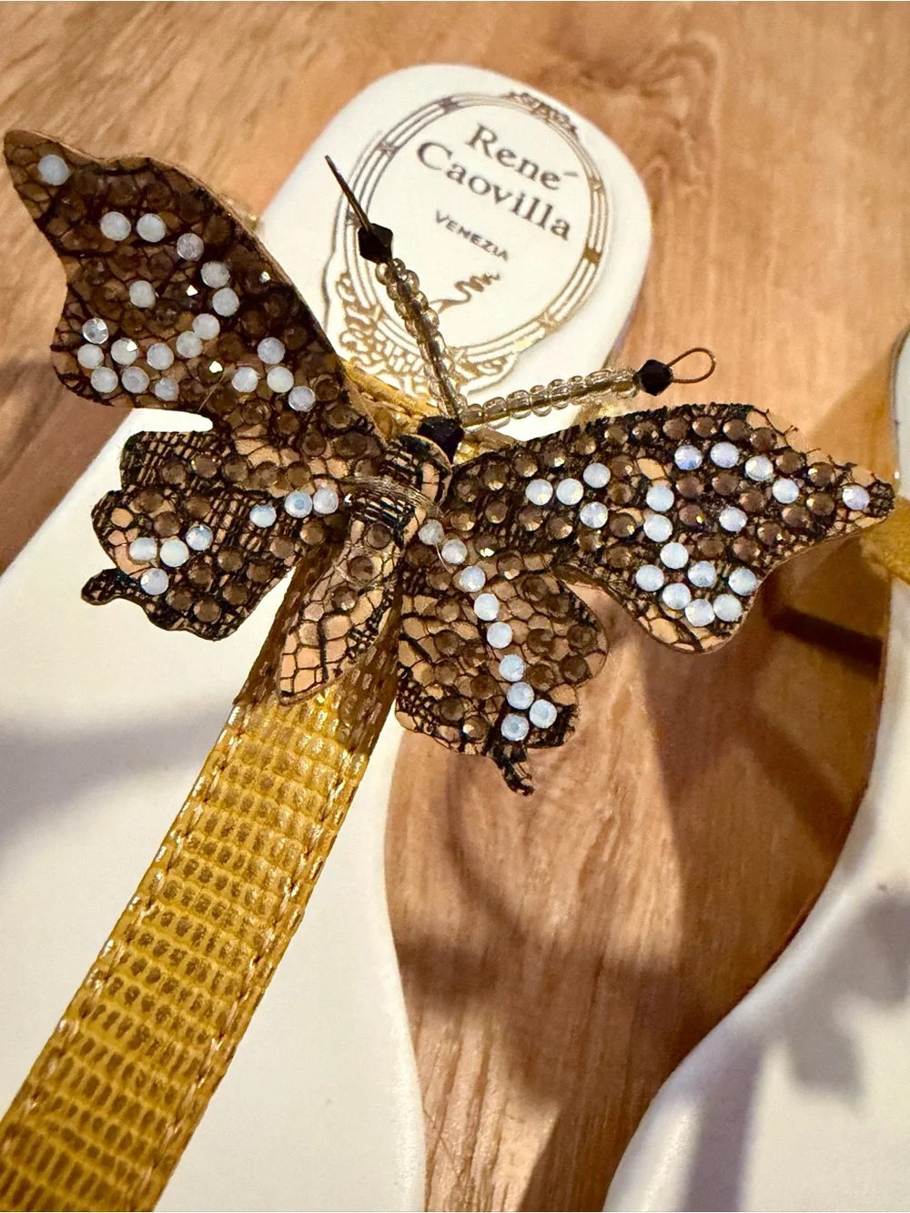 ✨ RARE ✨ René Caovilla Gold & Crystal Butterfly Kitten Heel Sandals (EU 38)